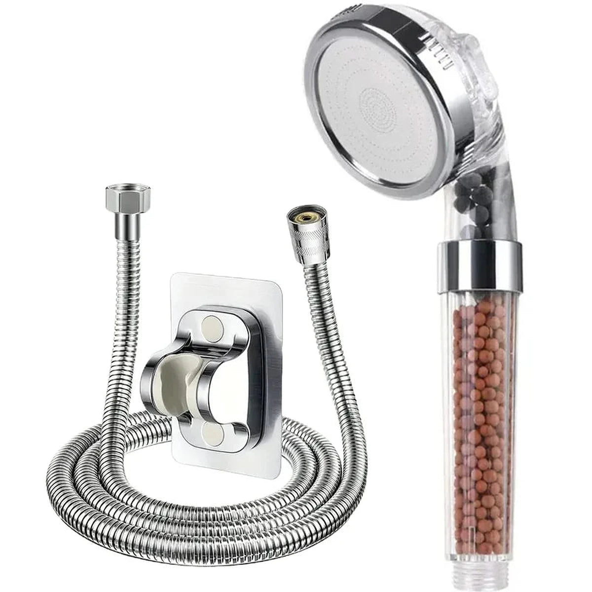 Complete shower head set with 1.5m stainless steel hose and adhesive wall bracket