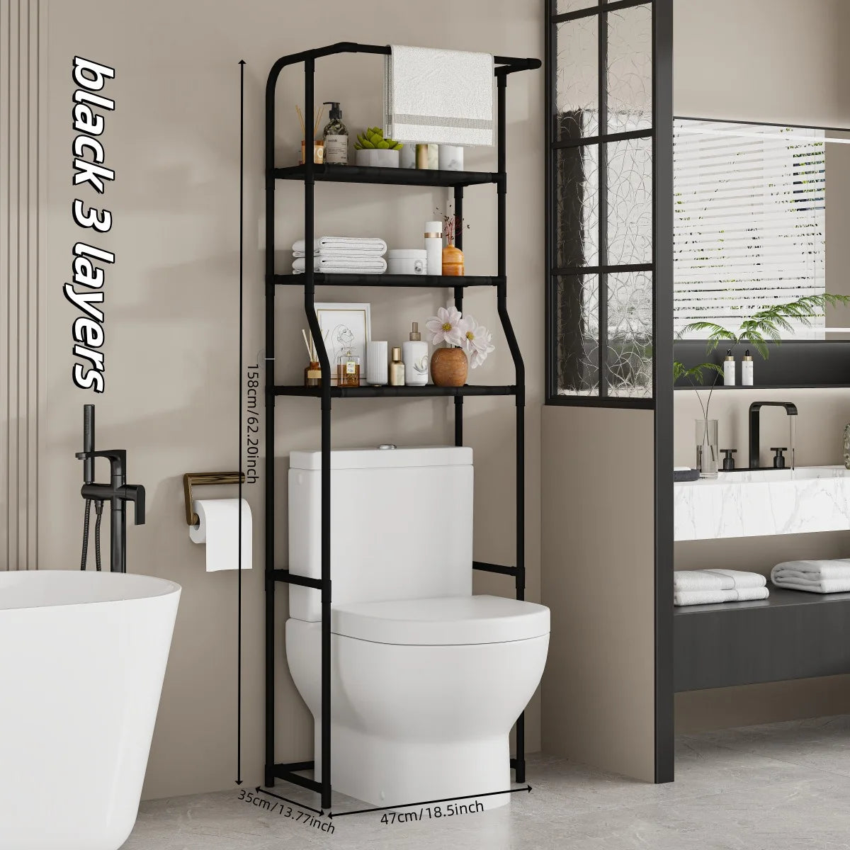 Over The Toilet Storage Shelf - 3 Tier Freestanding Bathroom Organizer with Towel Rack, Space Saver Above Toilet Shelf Unit