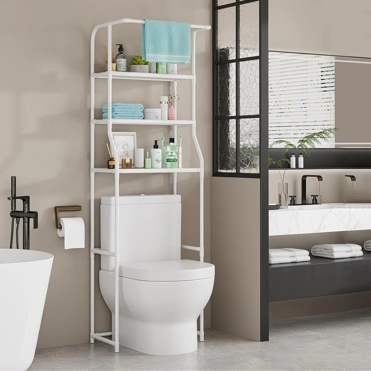 White 3 tier over the toilet storage shelf with towel rack in a bright bathroom