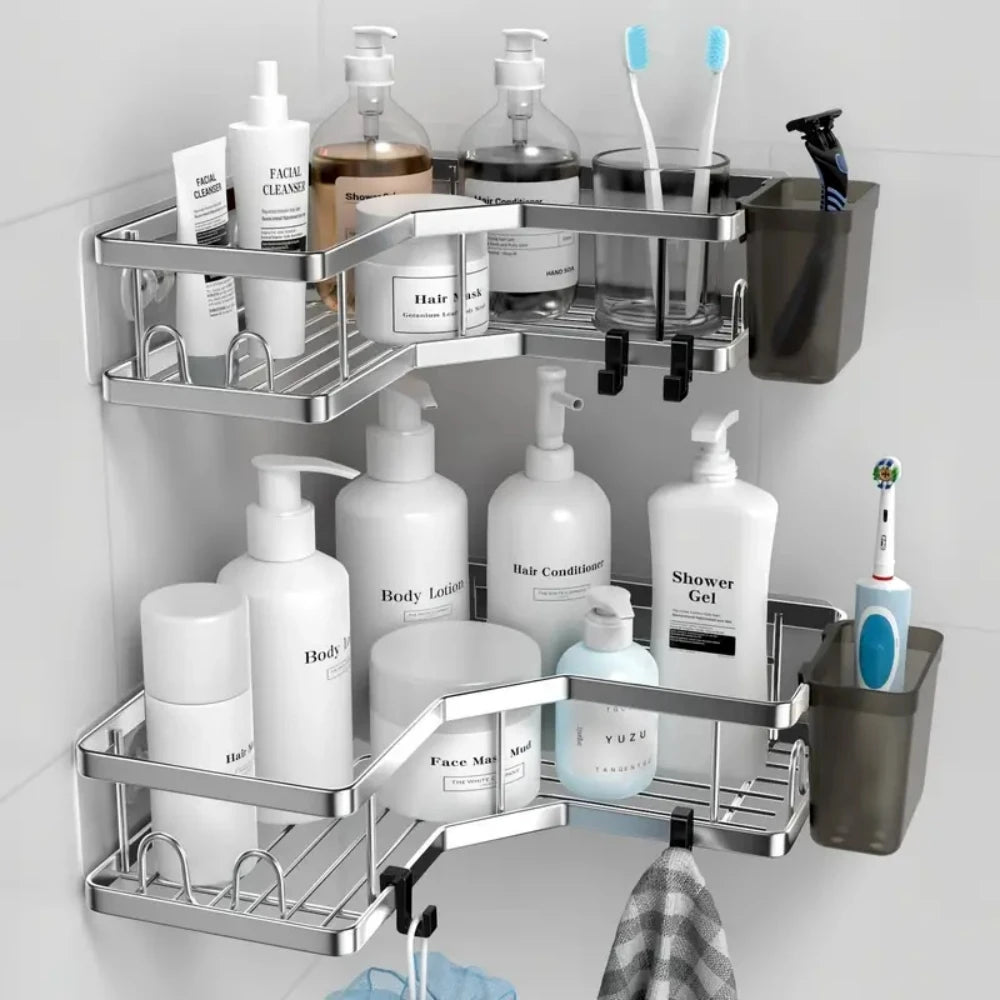 Corner Shower Shelf No Drill - Stainless Steel 2 Tier Shower Caddy Organizer, Rustproof Adhesive Bathroom Corner Shelf for Shampoo