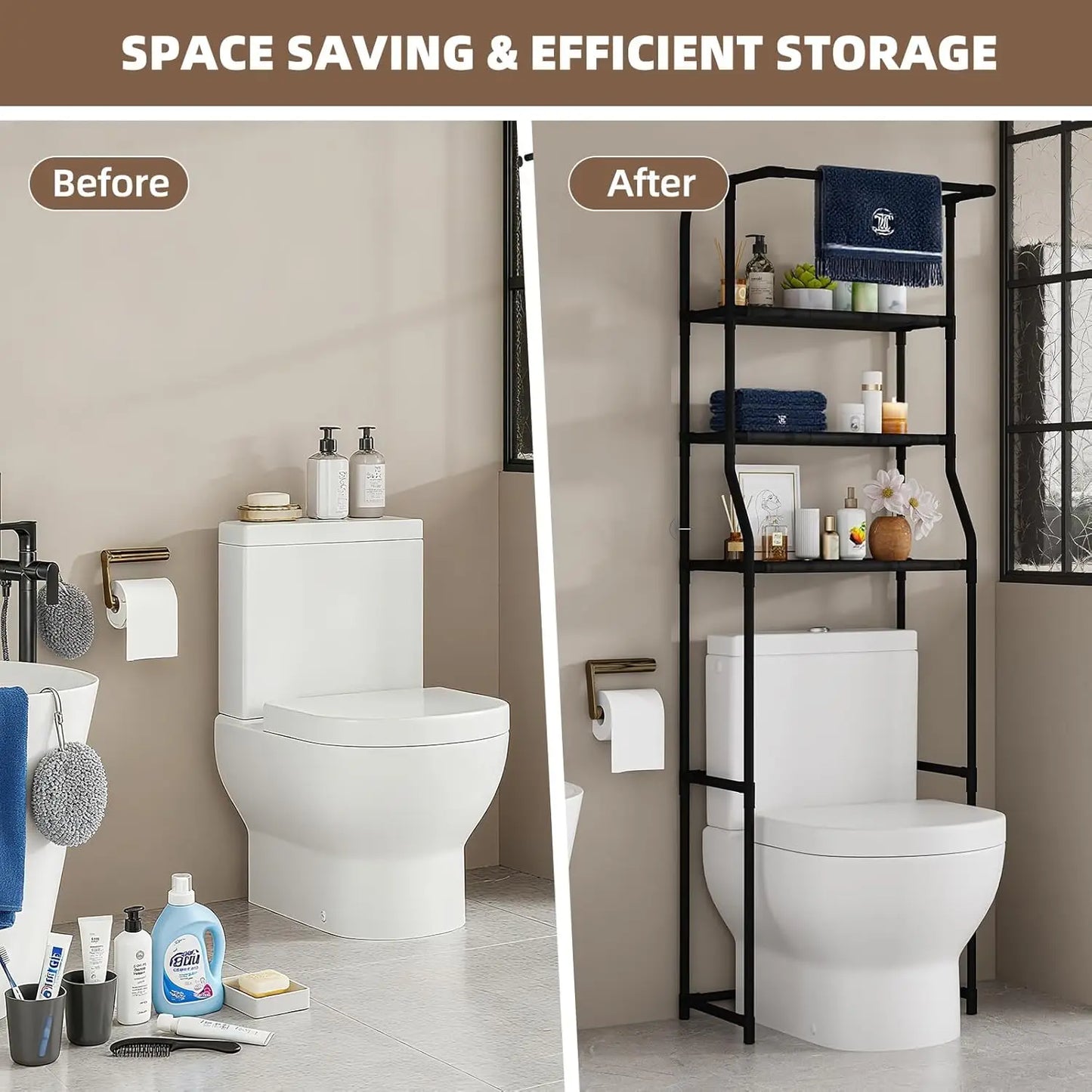 Over The Toilet Storage Shelf - 3 Tier Freestanding Bathroom Organizer with Towel Rack, Space Saver Above Toilet Shelf Unit