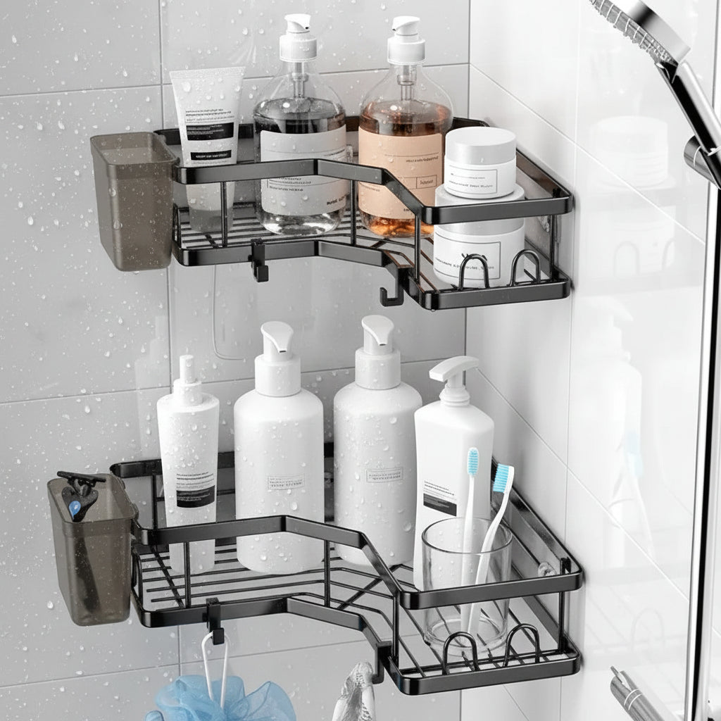 No drill stainless steel 2 tier corner shower shelf holding shampoo and body wash in a tiled shower