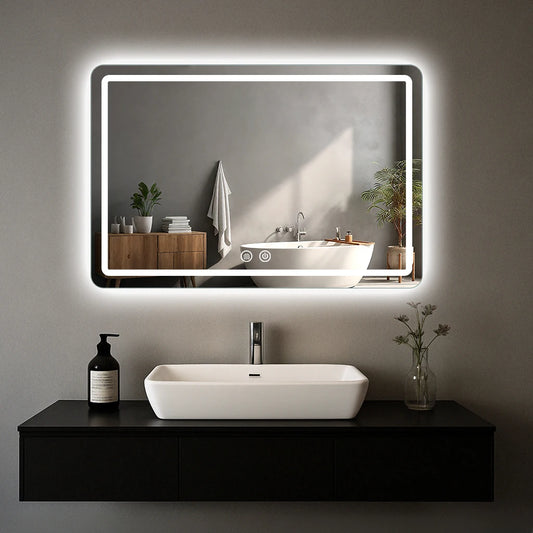 LED anti fog bathroom mirror wall mounted above a black floating vanity with a white basin