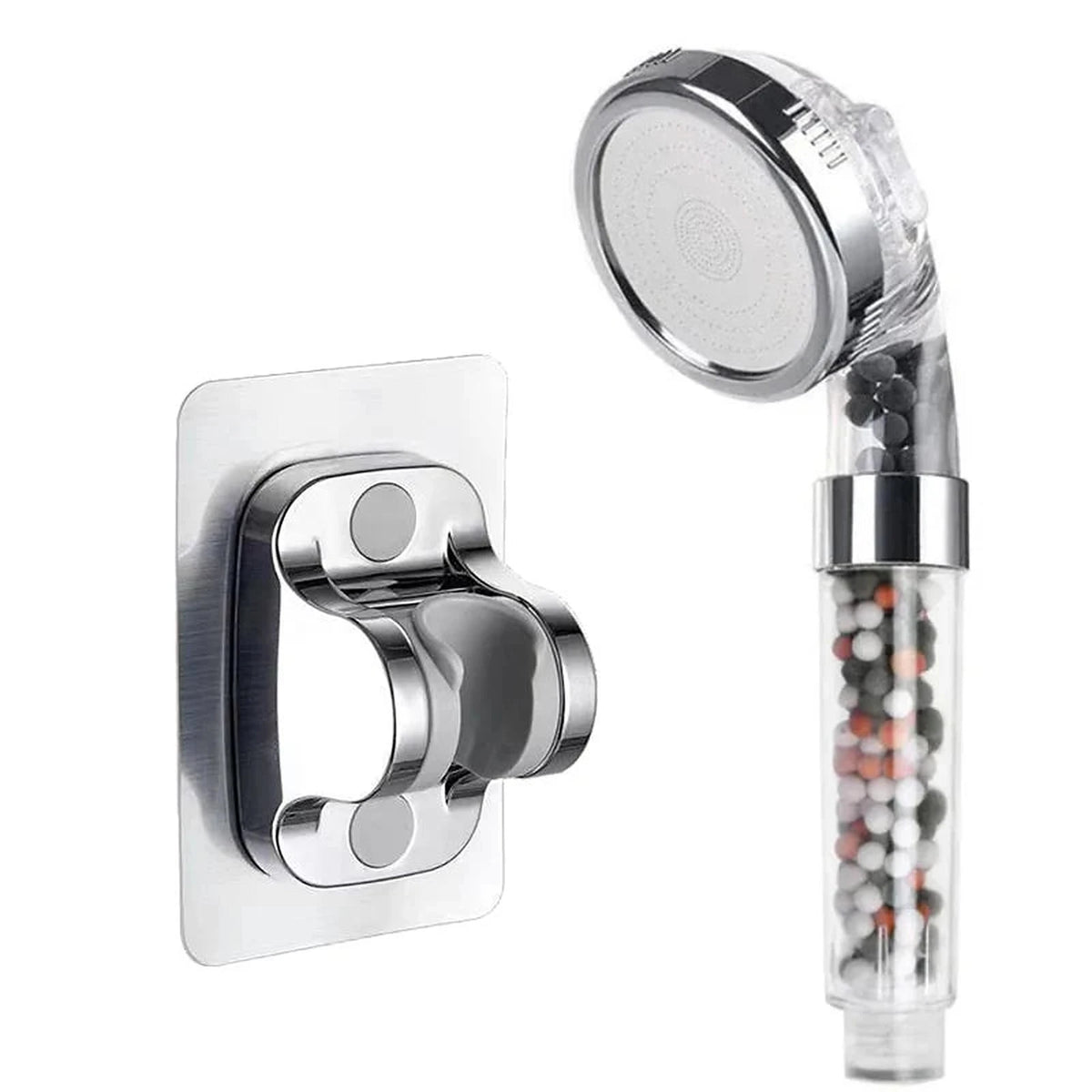 Filtered shower head with adhesive wall bracket that mounts without drilling