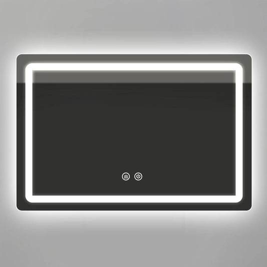 Rectangle frameless LED bathroom mirror lit around the perimeter with two touch sensor controls