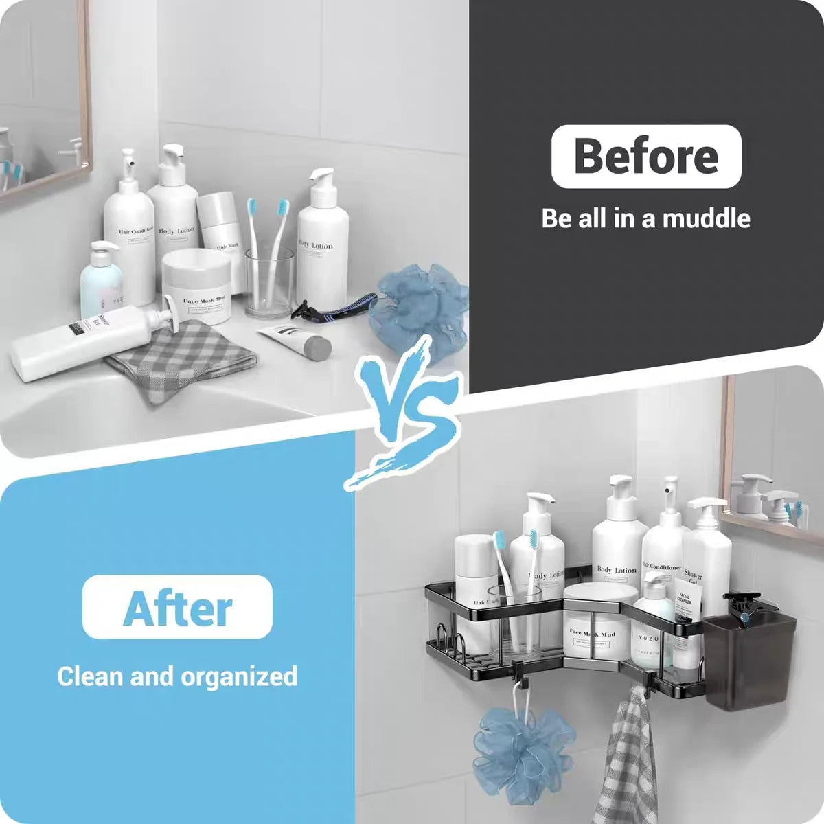 Corner Shower Shelf No Drill - Stainless Steel 2 Tier Shower Caddy Organizer, Rustproof Adhesive Bathroom Corner Shelf for Shampoo