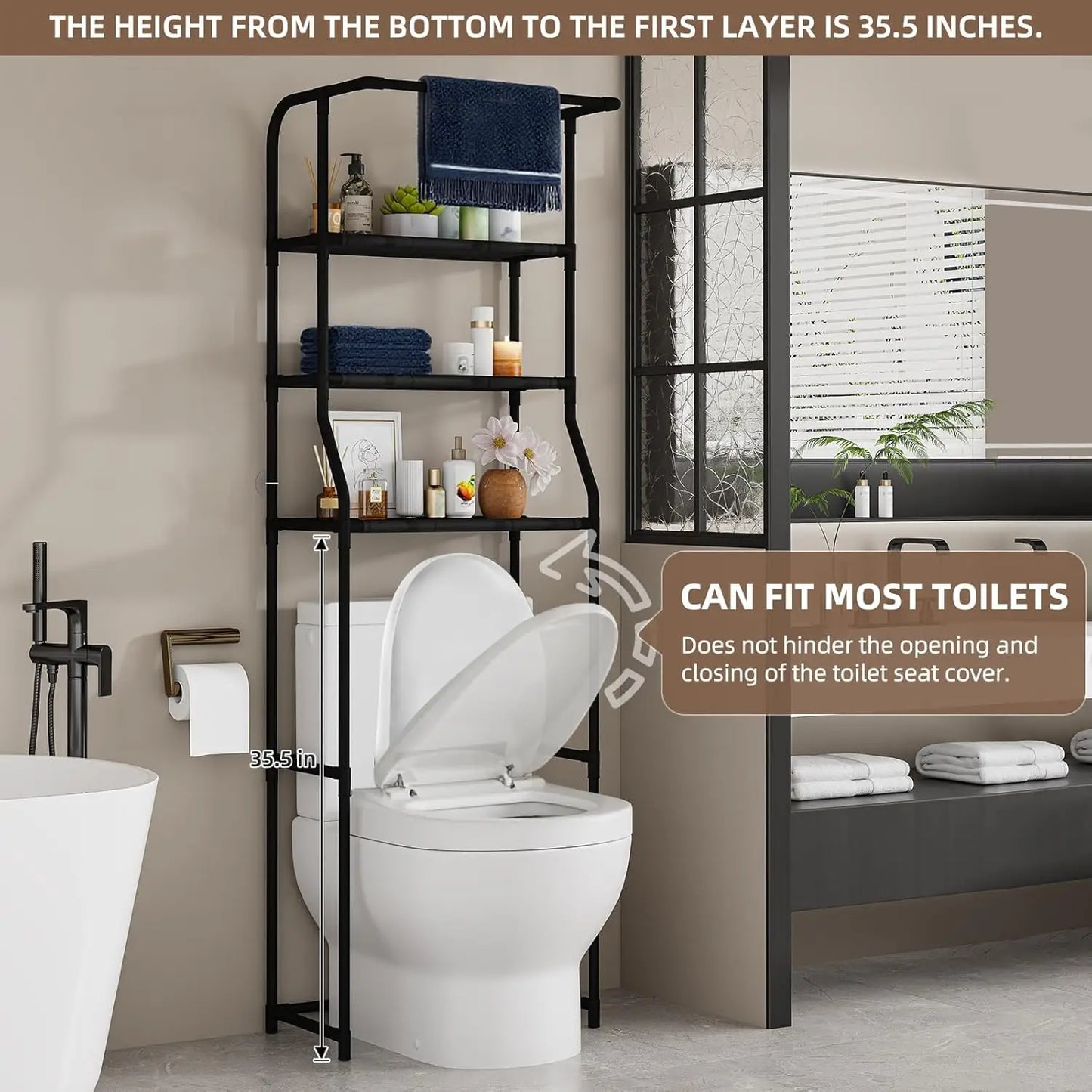 Over The Toilet Storage Shelf - 3 Tier Freestanding Bathroom Organizer with Towel Rack, Space Saver Above Toilet Shelf Unit