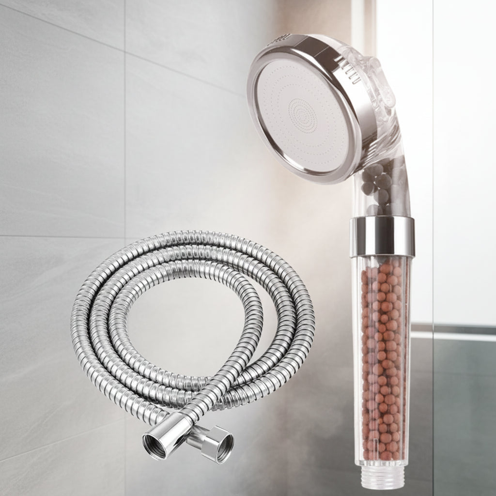 Filtered high pressure shower head with mineral filter and 1.5m hose in a modern tiled bathroom