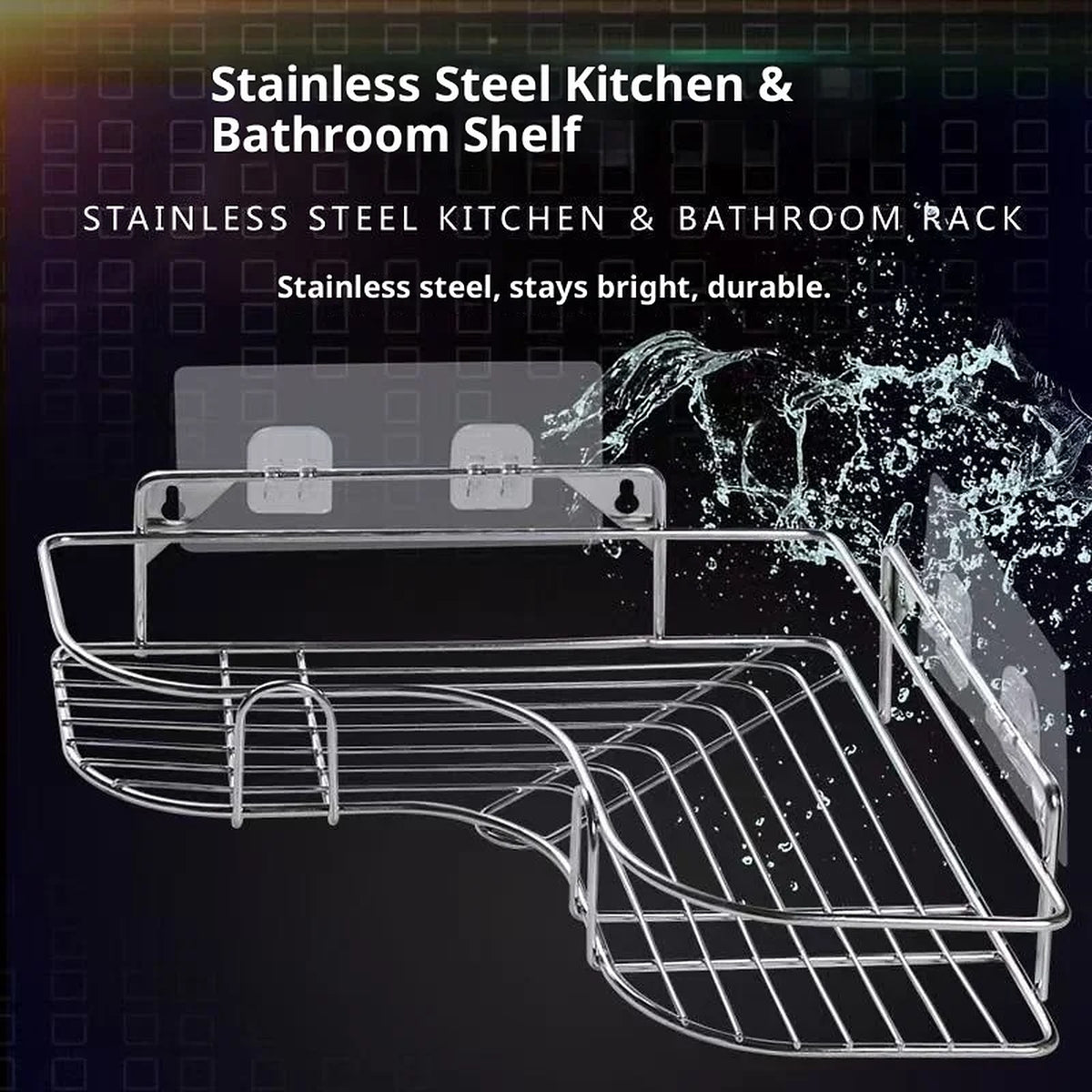 Stainless steel corner shower shelf with adhesive mounting pads and open wire base that drains water