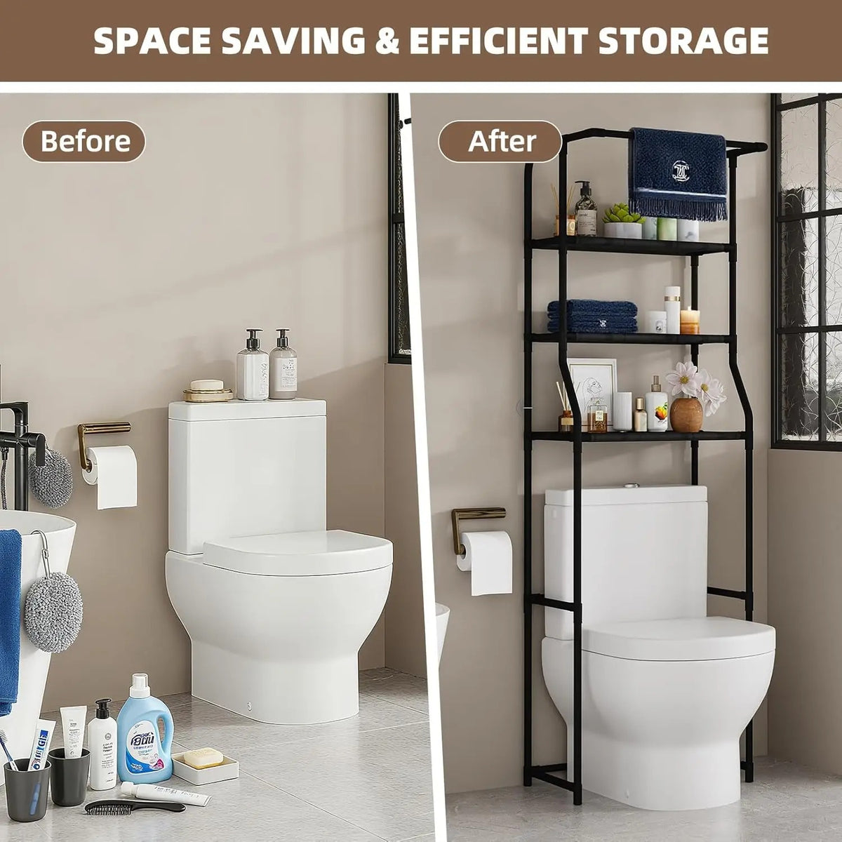 Before and after: cluttered toilet area versus toiletries and towels organised on the 3 tier over the toilet shelf